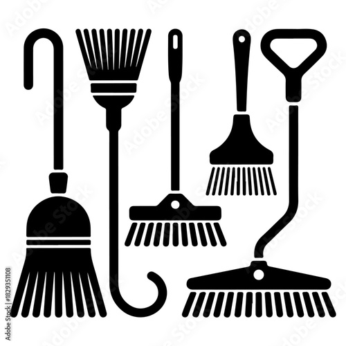 Diverse Collection of Cleaning Implements A Black and White Vector Illustration of Brooms and Sweeping Tools