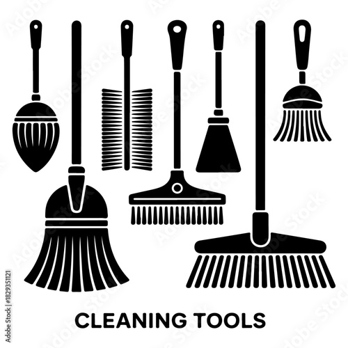 Diverse Cleaning Tools Lineup Silhouette Vector Illustration Featuring Brooms Brushes and Mops for Hygiene and Sanitation Tasks