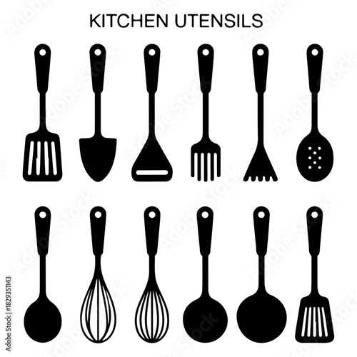 Culinary Utensils Arrayed Against a White Backdrop Kitchen Tools for Cooking and Food Preparation Black Silhouette Modern Minimalism