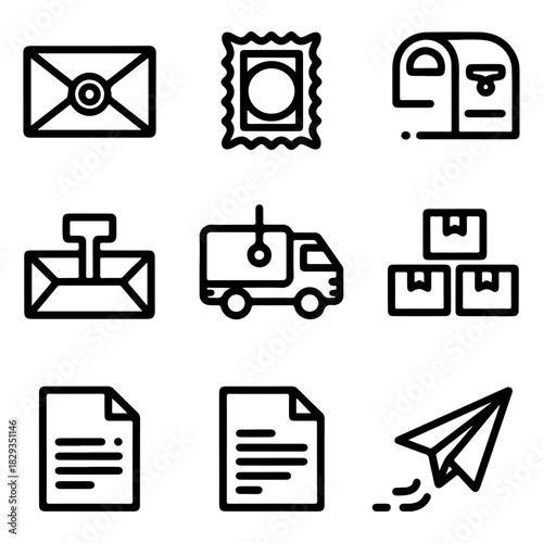 Collection of Postal Service Icons Representing Different Facets of Mail Correspondence and Shipping Logistics in a Simple Style
