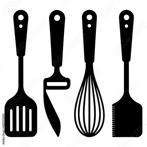 Black and White Kitchen Utensil Set Silhouette Design for Culinary Creativity and Cooking Illustrations