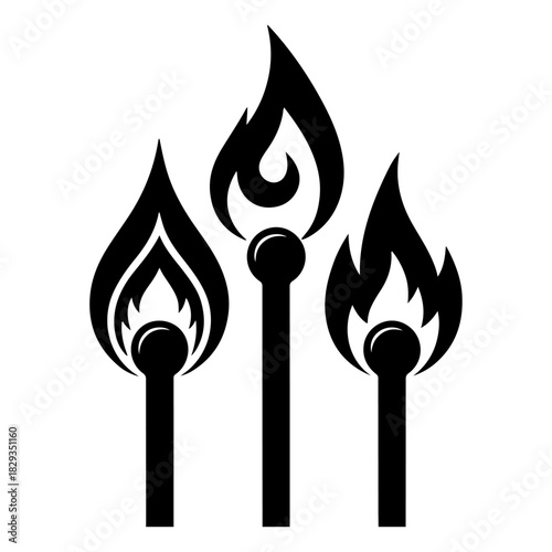 Three Burning Matches A Symbol of Fire, Danger, and Illumination A Stark Black and White Illustration Depicting the Power of Fire