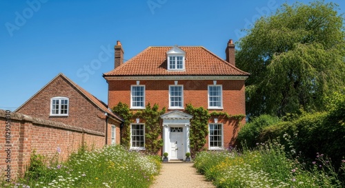 Wallpaper Mural Beautiful brick home with a white door, windows, and a red tile roof on a sunny day Torontodigital.ca