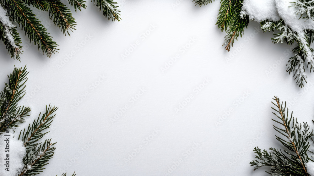 Obraz premium Snowy evergreen branch frame, winter minimal background, festive calm scene