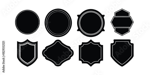 Collection Of Eight Black Emblem Shapes With White Outline On White Background Keywords: emblem, badge, label, crest, shield, circle, hexagon