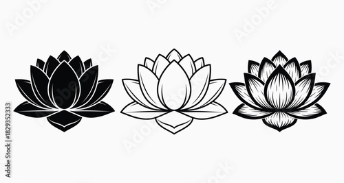 Three lotus flowers in different styles black and white illustration