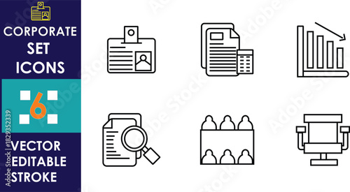 A clean corporate icon set featuring identification cards, documents, analytics charts, magnifying glass review, team collaboration figures, and an office chair, all illustrated in simple editable str