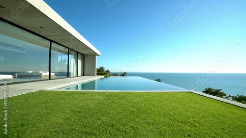 Luxurious Modern Villa With Infinity Pool Overlooking Ocean Under Clear Blue Sky Daytime Sunny Day Coastal Architecture