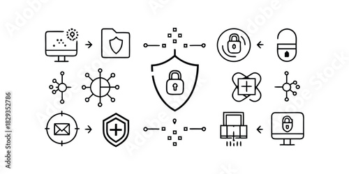 Cybersecurity and Data Protection Concept Icons Flow Diagram vector illustration
