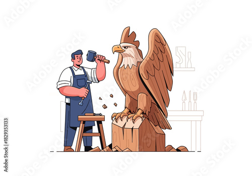 Sculptor carving large wooden eagle statue with tools. Suitable for woodworking, art, crafts, sculpture, design, creativity, nature concepts.
