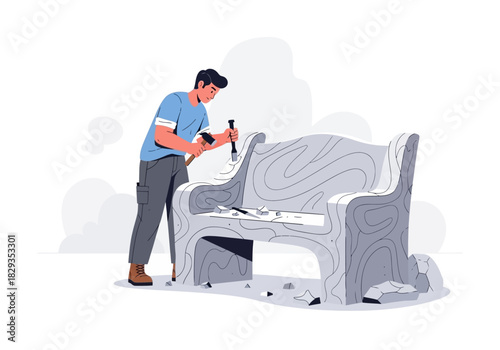 Man carving stone bench with tools. Suitable for construction, stonemason, craftsmanship themes in design projects, websites, and presentations.