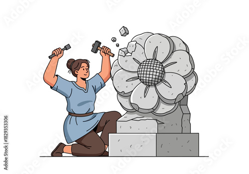 Sculptor carves a large flower from gray stone. Suitable for art, creativity, sculpting, crafts, female empowerment, nature themes, or stone carving concepts.