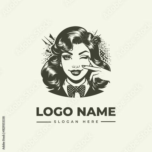 Retro vector logo illustration of a playful woman winking in engraping style