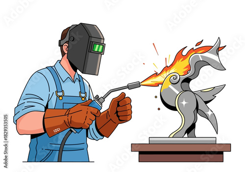 Welder welding a metal bird sculpture with protective gear. Suitable for construction or metalworking concepts. Artistically captured moment.