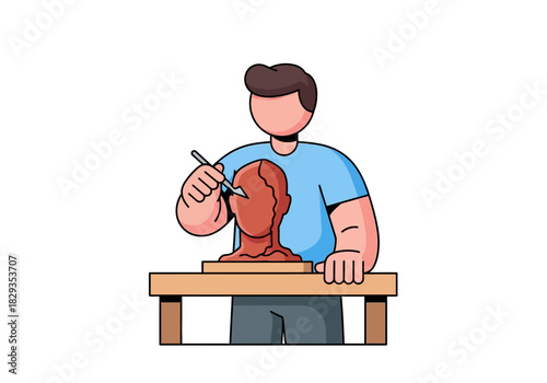 Man crafting a clay head with tools on a wooden surface. Suitable for art, sculpting, creativity, and craftsmanship concepts.