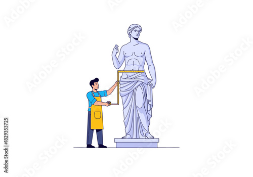 Person measuring waist of light blue sculpture suitable for art appreciation blogs or websites