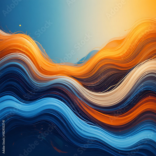 Abstract orange, blanc, and blue background with waves - Generative Ai