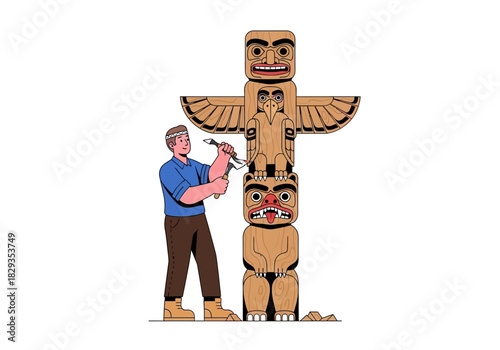 Man carving an indigenous totem pole suitable for cultural, art, traditional, carving, craftsmanship, heritage, history, indigenous, decorative, creative projects.