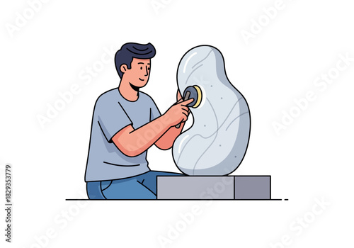 Man carving stone with grinding tool for sculpture creation. Perfect for artistic and craftsmanship concepts in design projects.