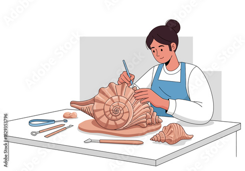 Ideal for art studios or sculpture classes. Shows artist creating intricate seashell sculpture. Great for creative, diy or artisanal themes.