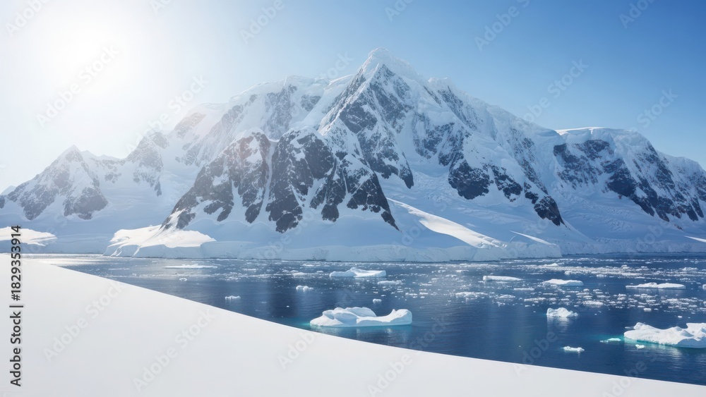Obraz premium Majestic snow-covered mountains rise above a calm, icy sea dotted with icebergs under a clear blue sky.