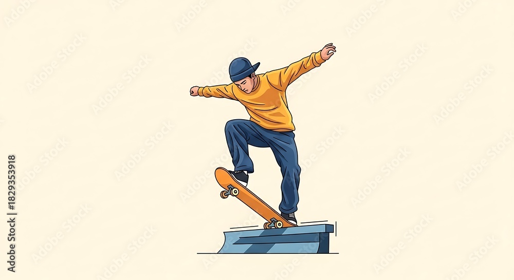 Fototapeta premium Young Skateboarder Performing a Trick on a Ramp.