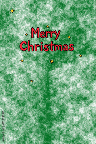 A festive Christmas card design featuring the words "Merry Christmas" in red with a black outline, surrounded by small gold stars, set against a green, textured background.