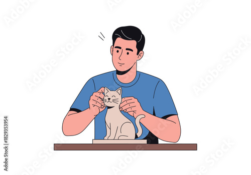 Man expertly crafting a whimsical cat sculpture at a desk. Suitable for art, creativity, crafts, and sculpture concept designs.