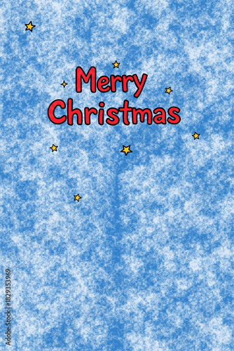 A cheerful christmas card featuring the words "Merry Christmas" in red with black outlines, surrounded by yellow stars against a blue textured background, evoking a joyful holiday spirit.