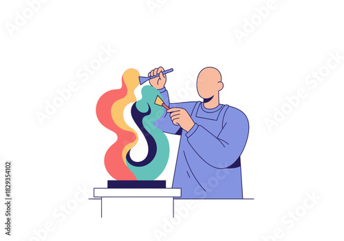 Faceless sculptor creates colorful abstract art on white table. Suitable for art blogs, social media, and advertisements.