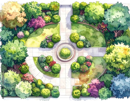 An aerial view of a meticulously designed garden with various vibrant plants and a central fountain