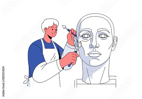 Sculptor meticulously carving stone head for perfection, suitable for art, creativity, craftsmanship, sculpting, and determinationthemed designs.
