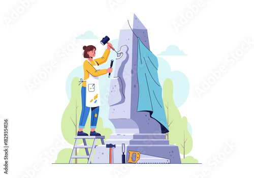 Woman sculpting stone monument on a stool, symbolizing creativity, artistry, dedication. Perfect for art, creativity, and sculpting concepts.