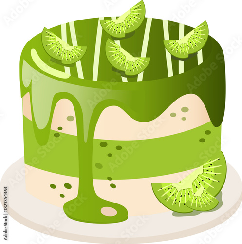 Green kiwi cake on white plate, suitable for dessert menus, vegan bakery advertisements, or healthy lifestyle blogs and social media posts.