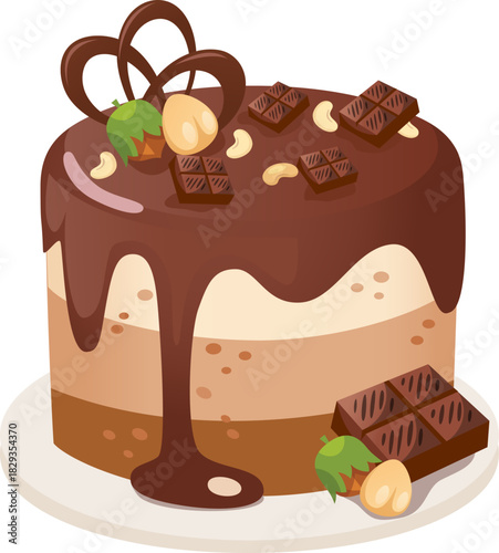 Decadent chocolate cake with nuts, squares, and decorative swirls. Perfect for bakery, dessert menus, food blogs, and sweet promotions.