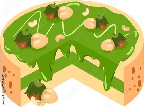 Cake with green icing, nuts, and cashew decorations ideal for bakery, dessert, celebration, birthday, or foodthemed designs. Delicious and attractive.