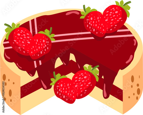 Strawberry cake with jam and fresh fruit topping, perfect for food blogs, bakery advertisements, and dessert menu designs. Deliciously appealing.