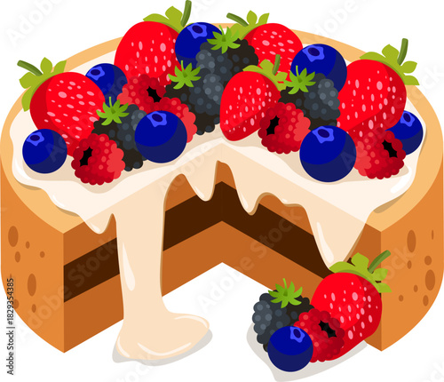 Delicious berry cake with creamy frosting and ripe berries for bakery menus, dessert recipes, food blogs, or social media posts.