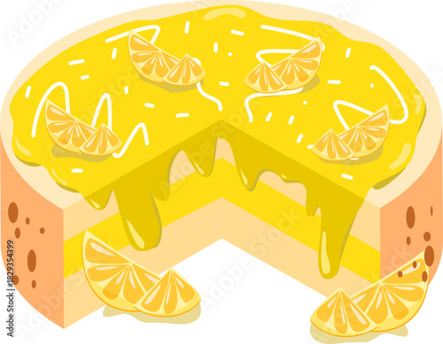 Round layer cake with yellow icing and orange slices. Perfect for bakery ads, food blogs, and recipe cards.