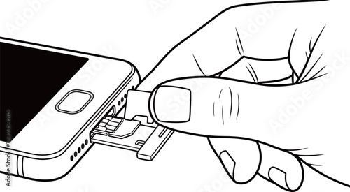 A hand inserting a SIM card into the side slot of a smartphone.