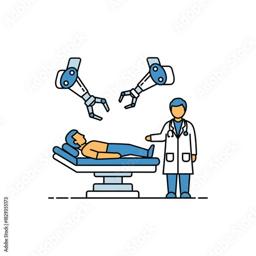 Doctor supervising robotic arm medical procedure vector illustration