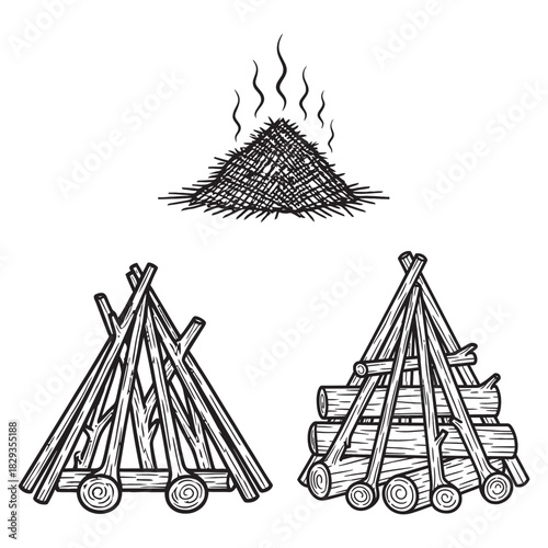 Hand-drawn sketch of various campfire structures including a smoldering pile, a teepee log fire, and a log cabin style wood stack.