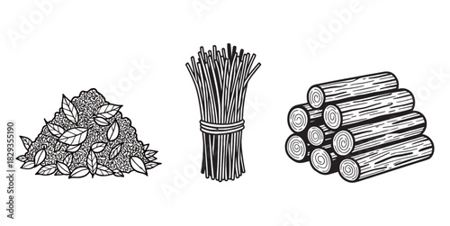 A black and white illustration showing a pile of leaves, a bundle of sticks, and a stack of logs.