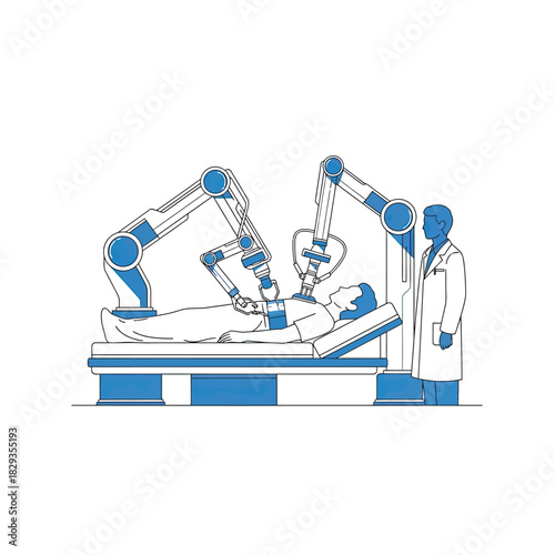 Advanced robotic medical operation in blue and white vector illustration