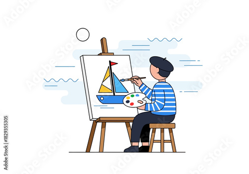 Person painting sailboat on canvas. Ideal for art classes, nautical themes, and creative projects.