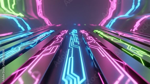 Abstract Digital Circuit Board Tunnel With Blue Pink and Green Neon Lights Perspective View