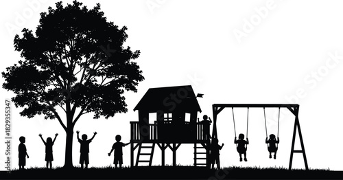 Silhouette of children playing on playground swings and treehouse under large tree, showing outdoor fun, childhood activity, imagination, freedom, and joyful movement