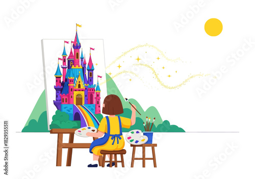 Girl paints a brightly colored castle near green hills. Suitable for childrens book illustrations or artthemed designs.