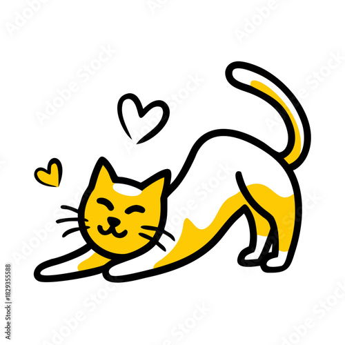 Stretching yellow cat with hearts