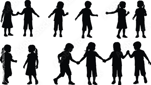 Silhouettes of playful children interacting and holding hands, illustrating childhood friendship, outdoor activity, movement, teamwork, fun, innocence, and social development